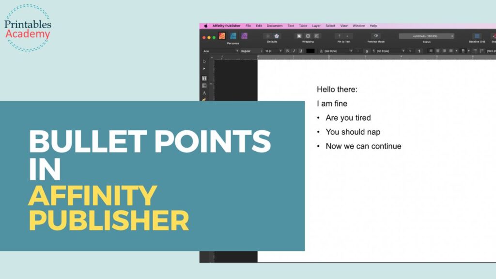 Example of unordered list in affinity publisher (screenshot) with text overlay "Bullet Points in Affinity Publisher"