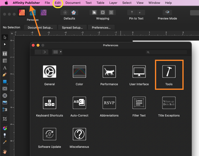 screenshot from Affinity Publisher showing Preferences menu and tools submenu