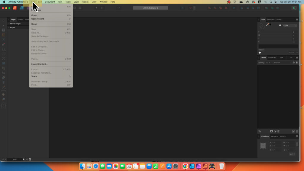 Screenshot of the File menu in Affinity Publisher V2