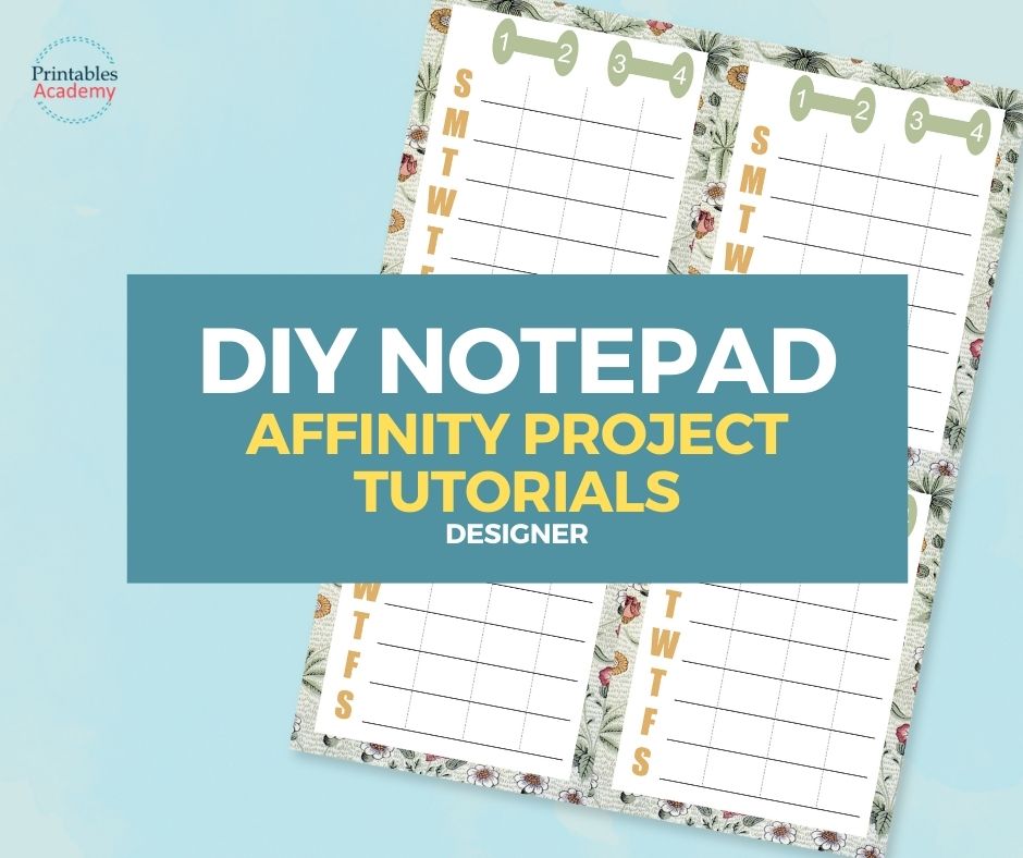 photo of a diy notepad page before cutting with text overlay "DIY notepad affinity project tutorials, designer"